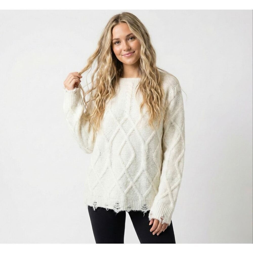 Moon River Cable Knit Wool Blend Sweater NWT M/L Cream Oversized Chunky Coastal